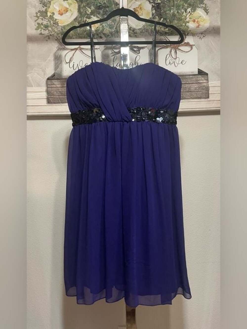 Maggy London Purple Strapless Chiffon Dress with Sequin Waistband